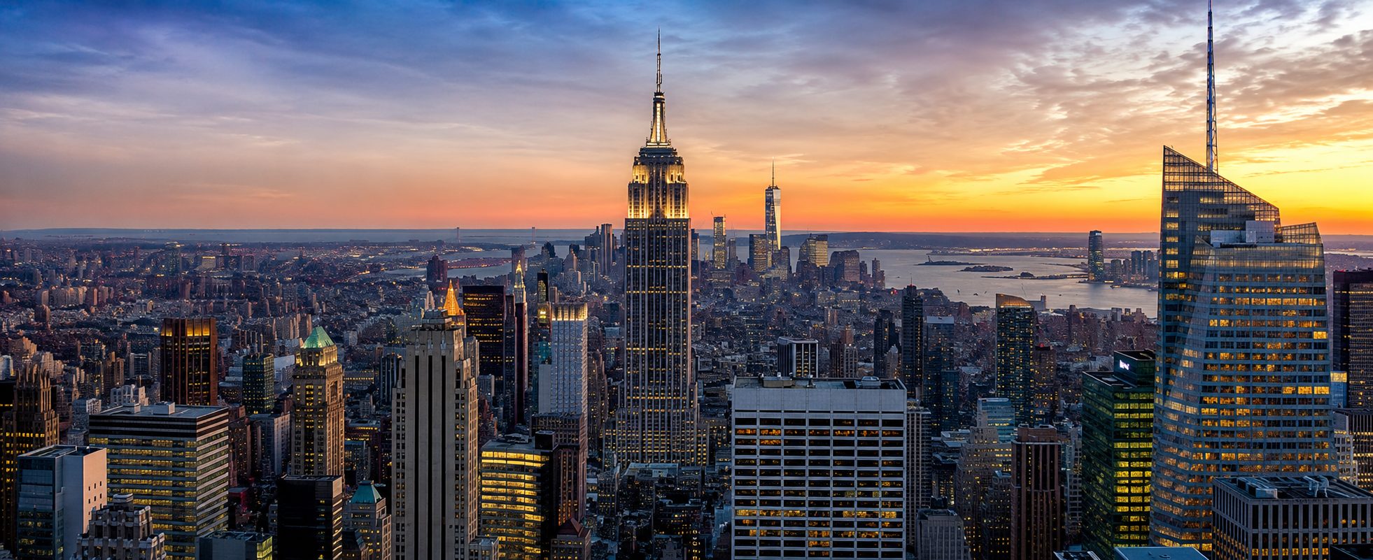 New York City skyline at sunset